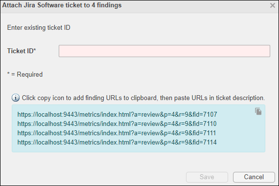 Dialogue window for attaching BTT ticket to findings