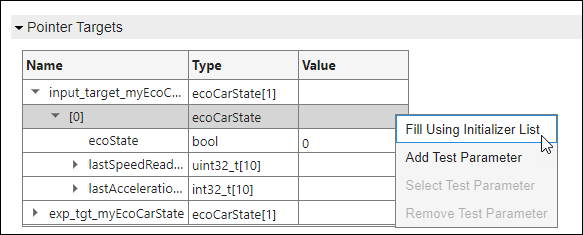 Tabular test. In the context menu that appear after right-clicking a row containing an aggregate, the Fill Using Initializer option is selected.