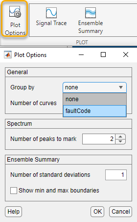 The Plot Options dialog box contains, from top to bottom, General, Spectrum, and Ensemble Summary preferences. Group By is at the top of the General section.