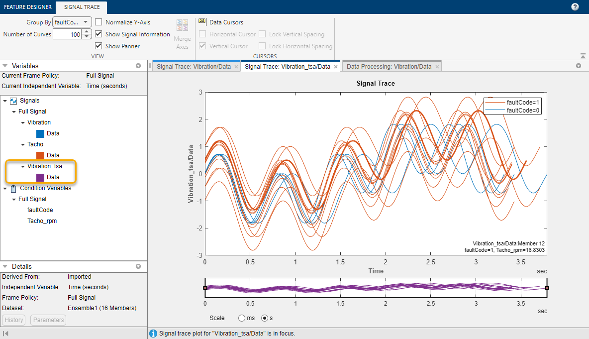 The Vibration_tsa/Data signal is the third data item in the column on the left. The TSA plot is in the main pane.