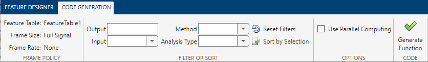 Code generation tab. From left to right, the tab contains sections for the frame policy, filtering and sorting, parallel computing, and code (with Generate Function button)