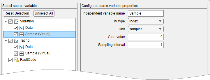 The list of source variables are in a vertical list on the left. Sample is highlighted. The Configure source variables properties pane on the right displays, from top to bottom, the name as Sample, the IV type as Index, and the unit as samples.