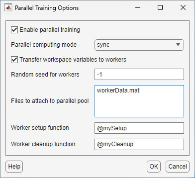 Parallel training options dialog showing file and function information.