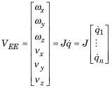 Equation for calculating linear velocities of the end effector using the Jacobian and joint velocities