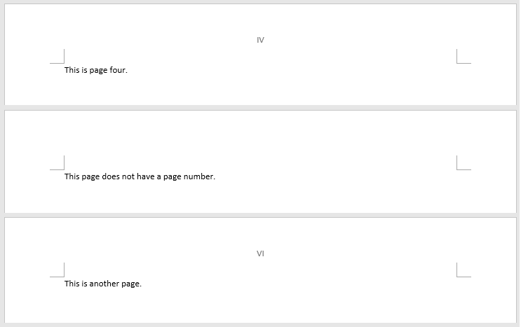 Three consecutive pages showing custom page numbering: page IV in Roman numerals, an unnumbered page, and page VI in Roman numerals