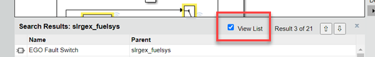Model search results user controls. The View List checkbox is highlighted by a red box.