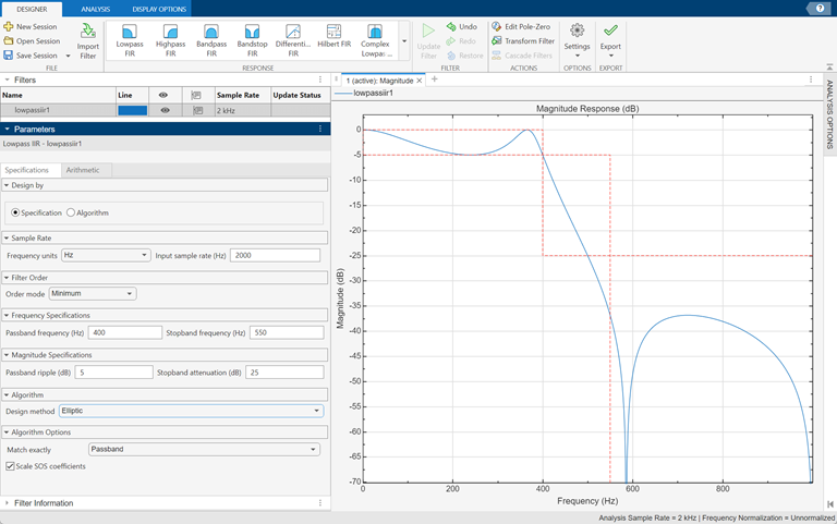 Lowpass IIR filter design using Filter Designer app
