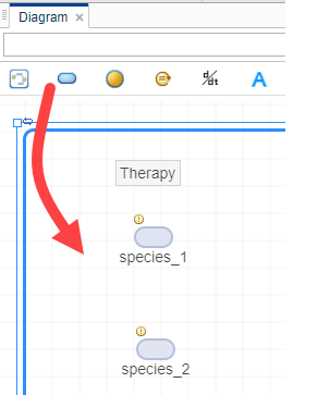 The screenshot shows a portion of the model diagram with two species blocks that are dragged and dropped from the diagram toolbar.