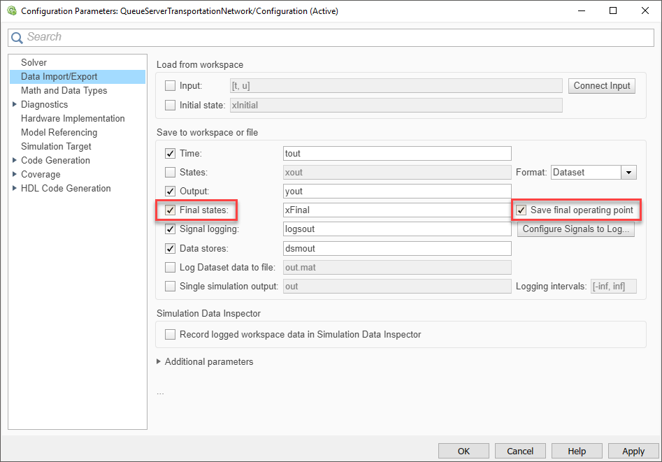 Snapshot of the Configuration Parameters dialog box showing the Final States check box selected with variable name xFinal. The Save final operating point check box is also selected. Both these check boxes are highlighted with a red square.