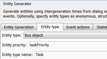 Block parameter dialog box of Entity Generator block with Entity type tab highlighted. The Entity type is set to Bus object.