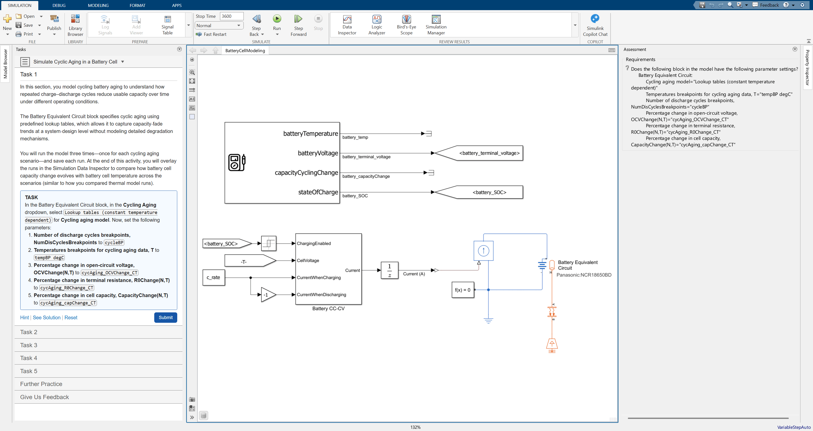 Battery Cell Modeling describes the task, displays an interactive model, and assesses whether the model matches the requirements set by the training.