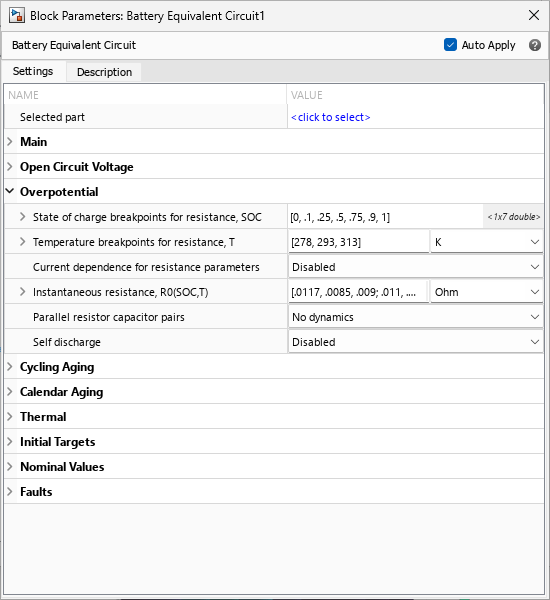 Block Parameters window of the Battery Equivalent Circuit block.