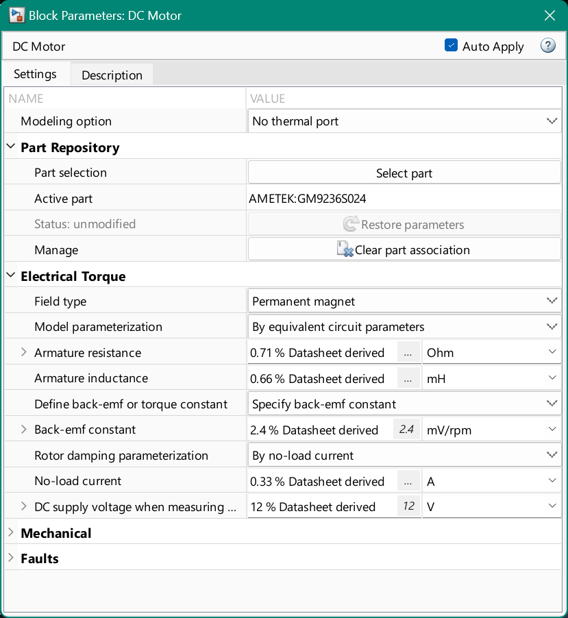 DC Motor block dialog box with active part.