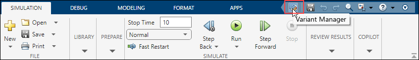 Simulink toolstrip shows the quick access toolbar. The Variant Manager icon is highlighted.