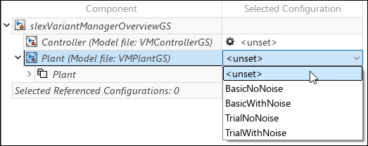 Variant Manager model hierarchy shows the values in the component configurations drop-down list for the Plant component