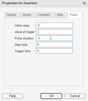 Pulse waveform tab of Properties for Insertion dialog box with nondefault values.