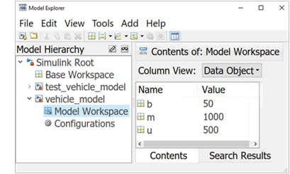 Model Explorer window showing the model hierarchy in the left pane with the drop-down list of the variable vehicle_model expanded, and the Model Workspace option in that list selected