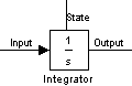 An integrator block configured to show the state port. The block has one input signal, labeled Input, and two output signals. The state output port is on the top of the block, and the port that provides the output signal value is on the right of the block.