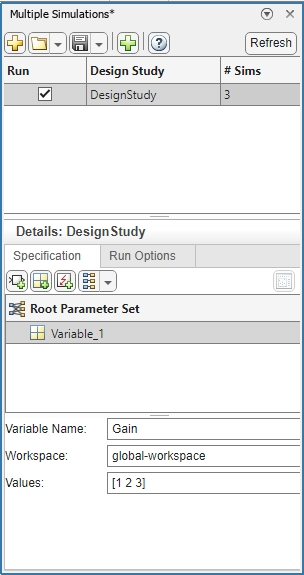 Screenshot of the Multiple Simulations Panel. The panel has two sections: one - to create a design study, and two: to specify simulation parameters