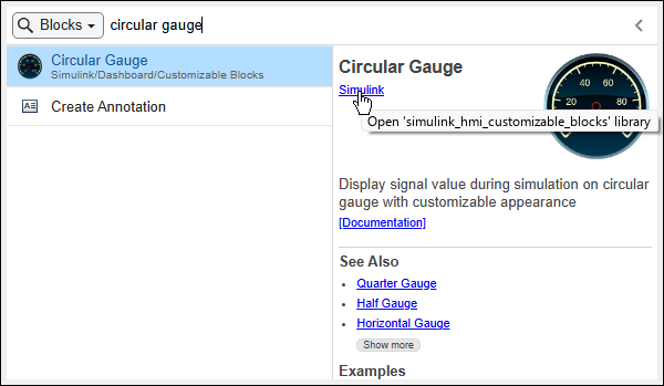Quick insert menu with "circular gauge" entered in the search bar, showing the details pane for the Circular Gauge block