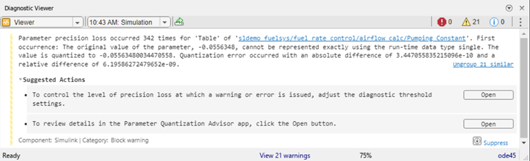 Diagnostic Viewer panel displays parameter precision loss warnings.