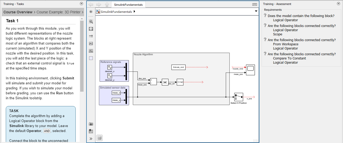 Simulink Fundamentals describes the task, displays an interactive model, and assesses whether the model matches the requirements set by the training.