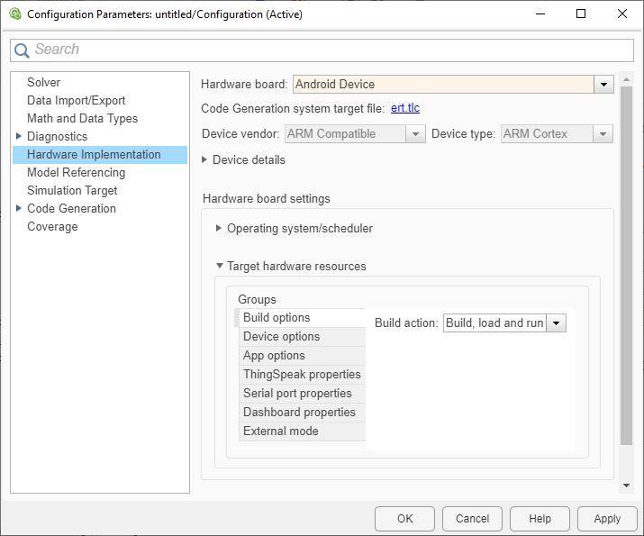 Android Configuration Parameters dialog box.