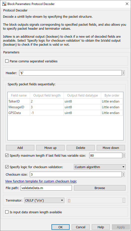 Parameters for block