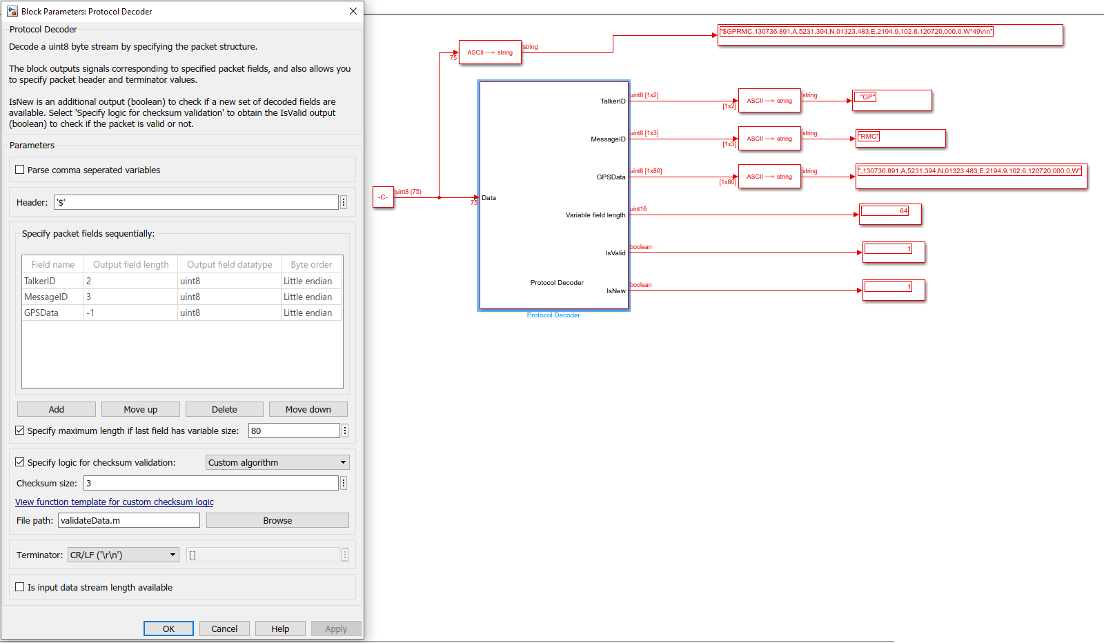 Various Parameters Output in Protocol Decoder block mask