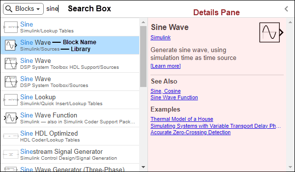 The Quick insert menu has the search term "sine" in the search box. The list of search results is below the search box, with the entry for the Sine Wave block from the Simulink/Sources library highlighted in blue. The pane to the right of the search results is highlighted in red and labeled "Details Pane".