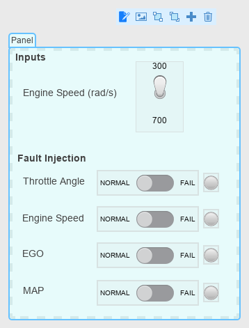 Panel in edit mode with same annotations as the Inputs and Fault Injection areas