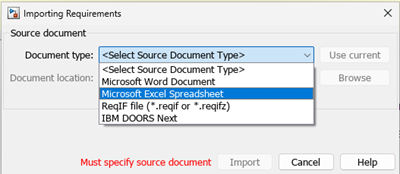 Dropdown in importing requirements dialog box
