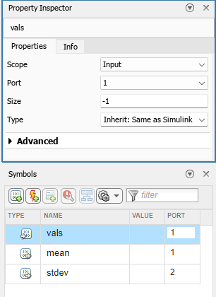 The Property Inspector and the Symbols pane. The vals input variable is selected, and the Property Inspector displays the variable properties.