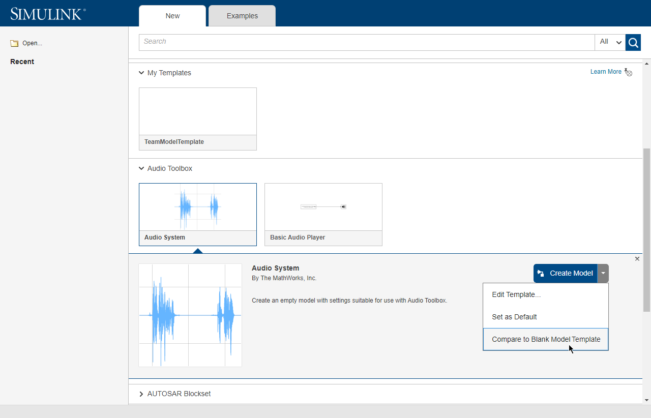 Simulink Start Page with the Audio System template title selected, and the Create Model menu of the template expanded to show the Compare to Blank Model option