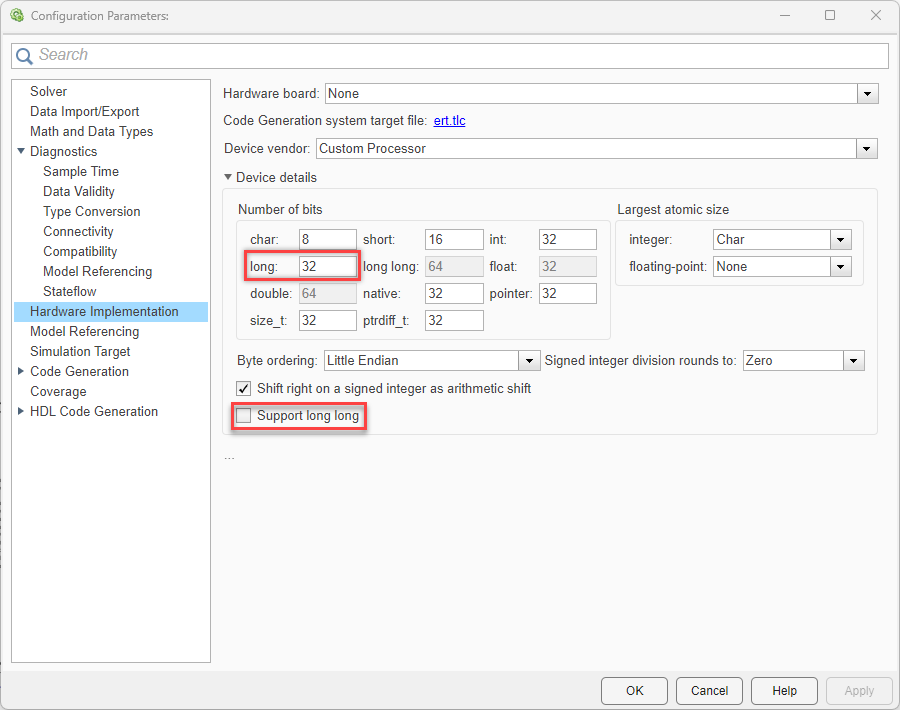 Hardware Implementation pane of the Configuration Parameters dialog. The parameters long and Support long long are highlighted.