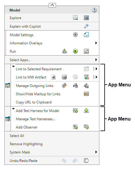 Subsystem context menu with labels on the app menus