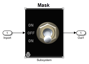 An Inport block connects to a Subsystem block, which connects to an Outport block. The Subsystem block has a mask icon that looks like a toggle switch. In the lower left corner of the Subsystem block, there is an arrow pointing down. The arrow is circled in red.