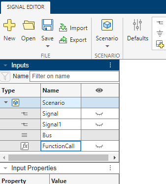 Inputs pane with Scenario, Signal, Signal1, Bus, and FunctionCall
