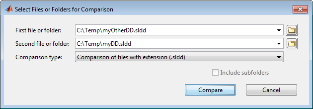 Select Files or Folders for Comparison dialog box. Two data dictionaries are selected for comparison. The Comparison type is set to "Comparison of files with extension (.sldd)".