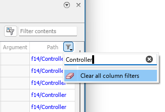 The Path column filter is expanded, and the keyword Controller is entered. The Model Data Editor displays parameters with the word Controller in their path.