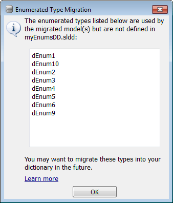 Enumerated Type Migration dialog box with a list of enumerated types that were not imported into the data dictionary