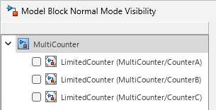 Model Block Normal Mode Visibility dialog box with no model instance selected