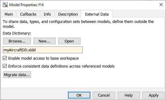 External Data tab in the Model Properties dialog box with the name of the new data dictionary displayed in the text box