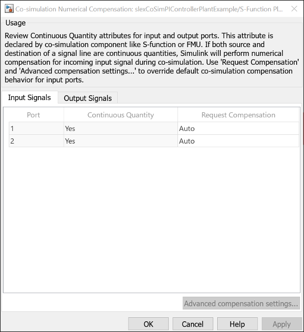 Co-simulation numerical compensation dialog with Continuous Quantity and Request Compensation attributes displayed for block ports