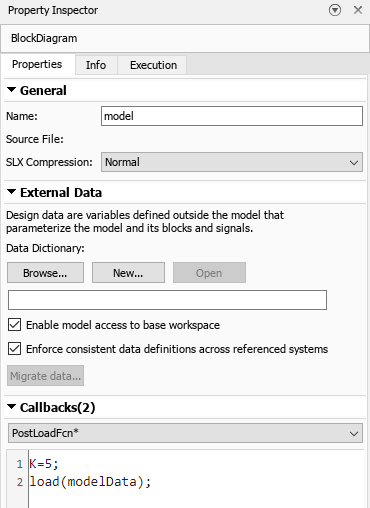 Property Inspector with the PostLoadFcn callback type selected and the commands to initialize K and load model_data in the right pane