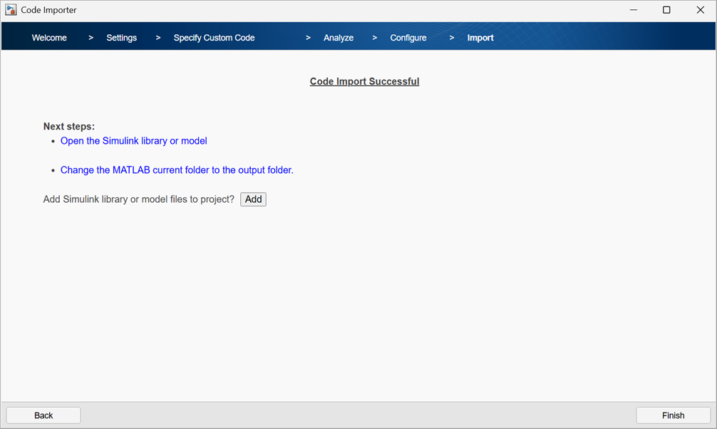 Page to add the generated library to an existing project file.