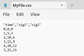A CSV file showing one time column and two data columns.