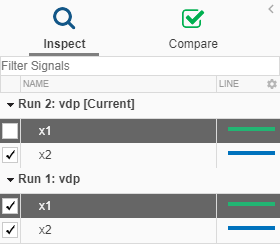 The Inspect pane shows Run 1 and Run 2 each with signals x1 and x2. The check boxes for signals x1 and x2 from Run 1 and signal x2 from Run 2 are selected. The x1 signals from Run 1 and Run 2 are selected while holding the SHIFT key and appear highlighted. Only the x1 signals are exported