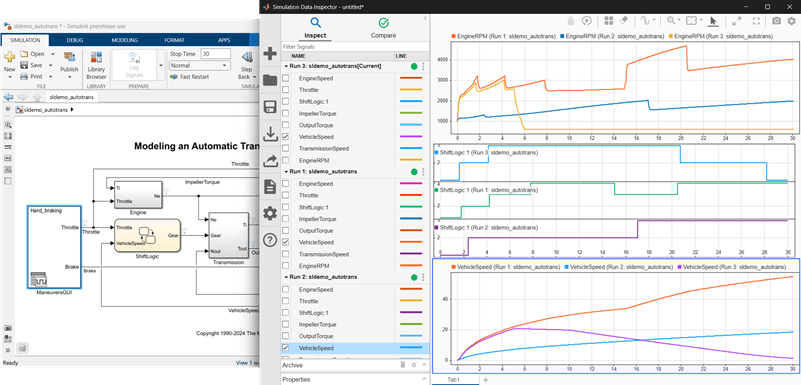The Inspect pane of the Simulation Data Inspector shows three subplots. The subplots show time plots of data gathered from three runs of the model sldemo_autotrans. The first subplot shows the EngineRPM signals from all three runs. The second subplot shows the ShiftLogic signals from all three runs. The third subplot shows the VehicleSpeed signal from all three runs.
