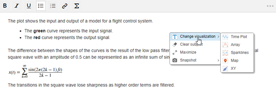 The context menu, opened by right-clicking the text editor subplot, is shown. The menu options are Change visualization, Clear subplot, Maximize, and Snapshot.